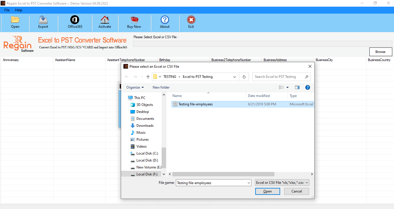 screenshot of Regain Excel to vCard Converter